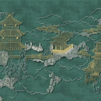 高清新中式亭台楼阁线条肌理背景墙壁画