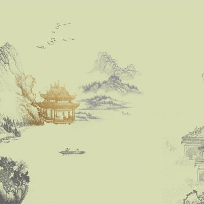 高清新中式亭台楼阁线条肌理背景墙壁画3D贴图