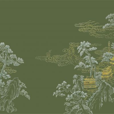 高清新中式亭台楼阁线条肌理背景墙壁画