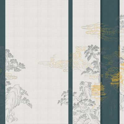 高清新中式亭台楼阁线条肌理背景墙壁画