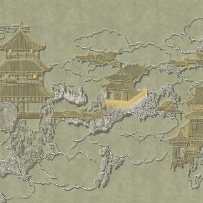 高清新中式亭台楼阁线条肌理背景墙壁画