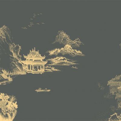 高清新中式亭台楼阁线条肌理背景墙壁画