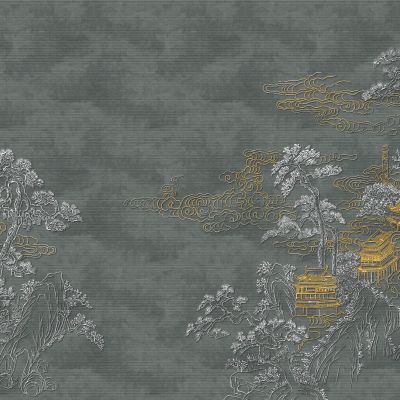 高清新中式亭台楼阁线条肌理背景墙壁画