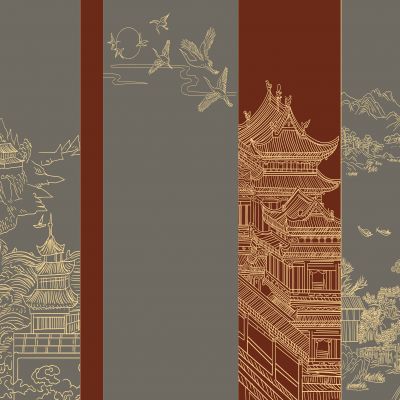 高清新中式亭台楼阁线条肌理背景墙壁画3D贴图