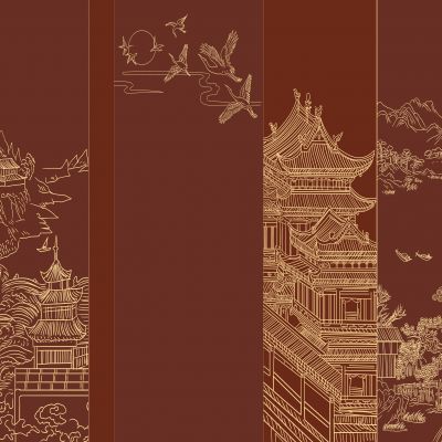 高清新中式亭台楼阁线条肌理背景墙壁画