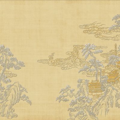 高清新中式亭台楼阁线条肌理背景墙壁画