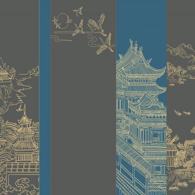 高清新中式亭台楼阁线条肌理背景墙壁画