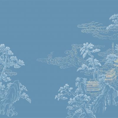 高清新中式亭台楼阁线条肌理背景墙壁画