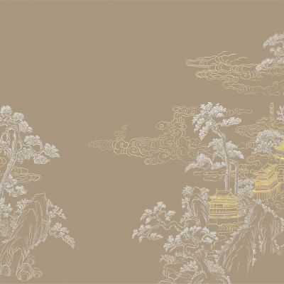 高清新中式亭台楼阁线条肌理背景墙壁画