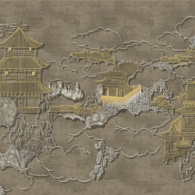 高清新中式亭台楼阁线条肌理背景墙壁画