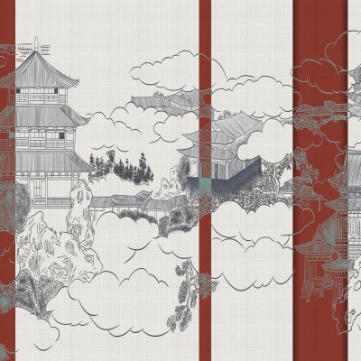 高清新中式亭台楼阁线条肌理背景墙壁画