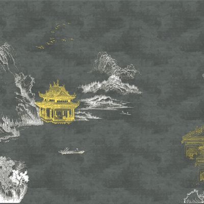 高清新中式亭台楼阁线条肌理背景墙壁画