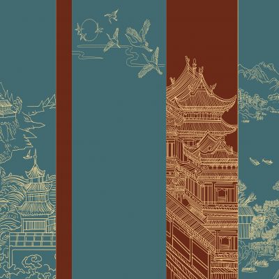 高清新中式亭台楼阁线条肌理背景墙壁画