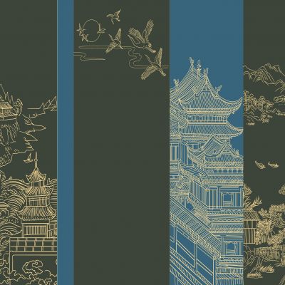 高清新中式亭台楼阁线条肌理背景墙壁画