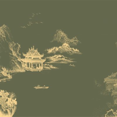 高清新中式亭台楼阁线条肌理背景墙壁画