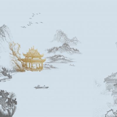 高清新中式亭台楼阁线条肌理背景墙壁画