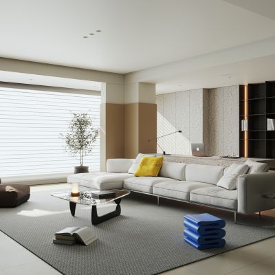 现代极简家居客厅 横厅 无主灯客厅 黑白灰客厅 大平层客厅