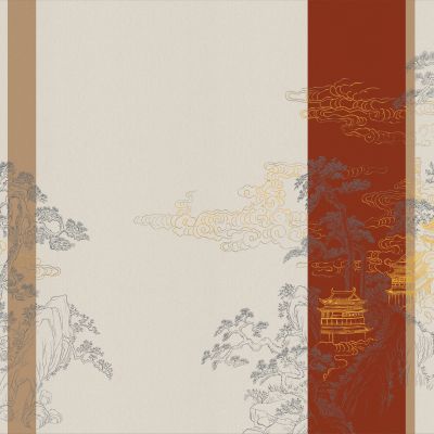 高清新中式亭台楼阁线条肌理背景墙壁画