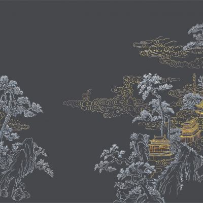 高清新中式亭台楼阁线条肌理背景墙壁画