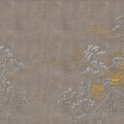 高清新中式亭台楼阁线条肌理背景墙壁画