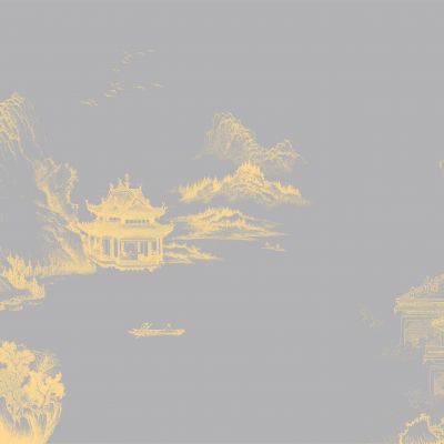 高清新中式亭台楼阁线条肌理背景墙壁画