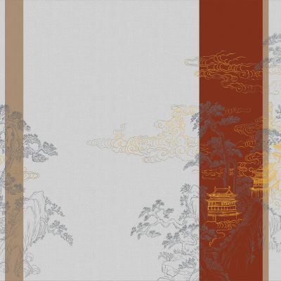 高清新中式亭台楼阁线条肌理背景墙壁画