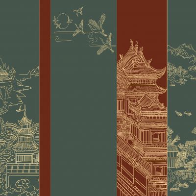 高清新中式亭台楼阁线条肌理背景墙壁画