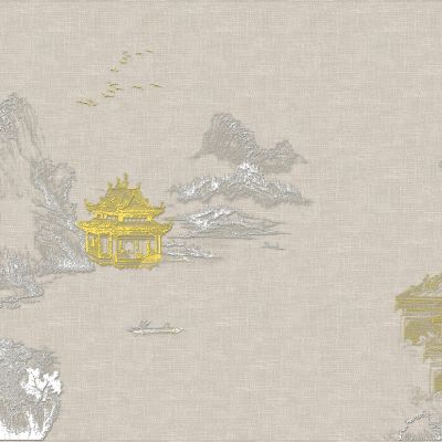 高清新中式亭台楼阁线条肌理背景墙壁画