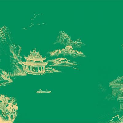 高清新中式亭台楼阁线条肌理背景墙壁画