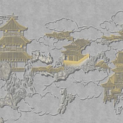 高清新中式亭台楼阁线条肌理背景墙壁画