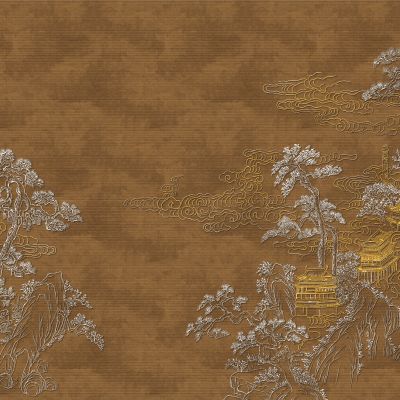 高清新中式亭台楼阁线条肌理背景墙壁画