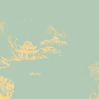 高清新中式亭台楼阁线条肌理背景墙壁画