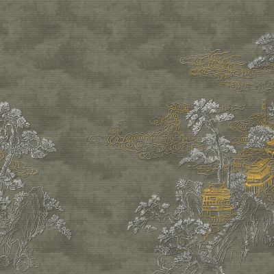 高清新中式亭台楼阁线条肌理背景墙壁画