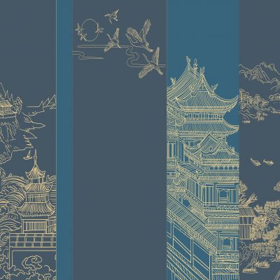 高清新中式亭台楼阁线条肌理背景墙壁画