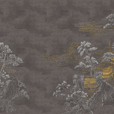 高清新中式亭台楼阁线条肌理背景墙壁画