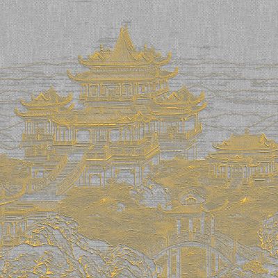 高清新中式亭台楼阁线条肌理背景墙壁画