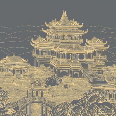 高清新中式亭台楼阁线条肌理背景墙壁画