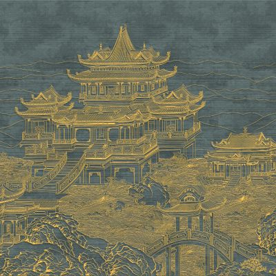 高清新中式亭台楼阁线条肌理背景墙壁画