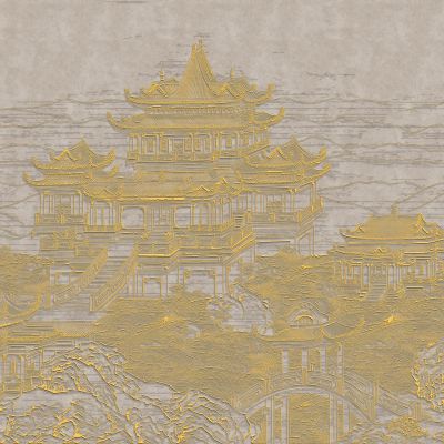 高清新中式亭台楼阁线条肌理背景墙壁画