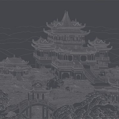 高清新中式亭台楼阁线条肌理背景墙壁画