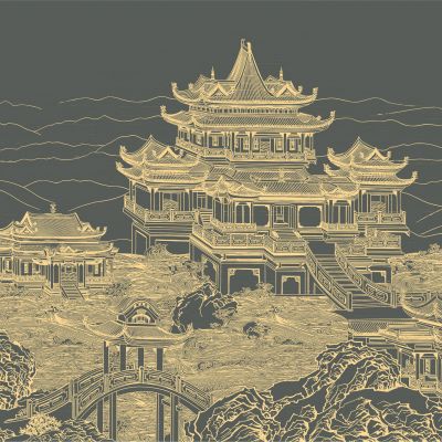 高清新中式亭台楼阁线条肌理背景墙壁画