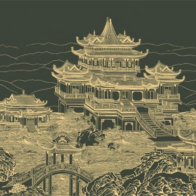 高清新中式亭台楼阁线条肌理背景墙壁画