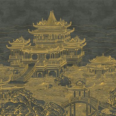 高清新中式亭台楼阁线条肌理背景墙壁画3D贴图