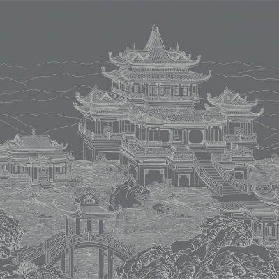 高清新中式亭台楼阁线条肌理背景墙壁画