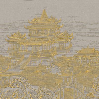 高清新中式亭台楼阁线条肌理背景墙壁画