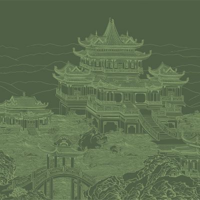 高清新中式亭台楼阁线条肌理背景墙壁画