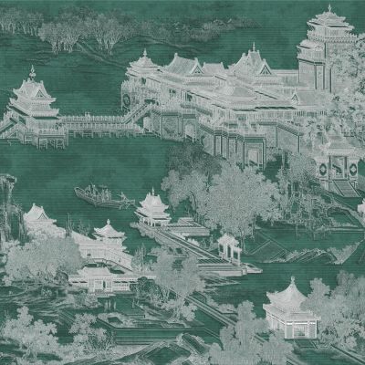 高清新中式亭台楼阁线条肌理背景墙壁画