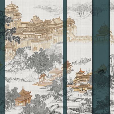 高清新中式亭台楼阁线条肌理背景墙壁画