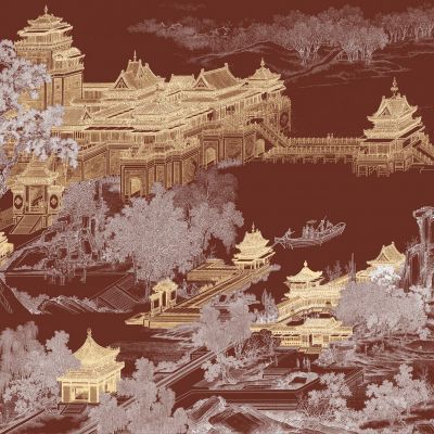 高清新中式亭台楼阁线条肌理背景墙壁画