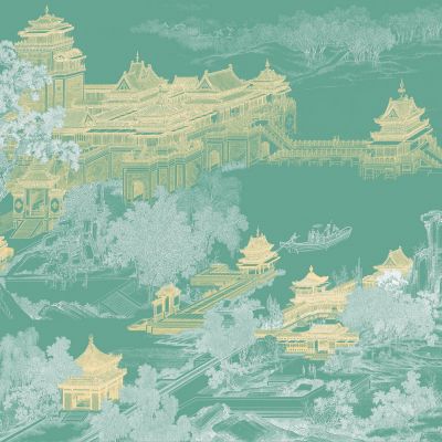 高清新中式亭台楼阁线条肌理背景墙壁画